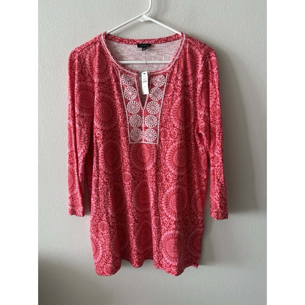Talbots Tunic Split Neck Medium White Embroidery 3/4 Sleeve Pink Boho Abstract